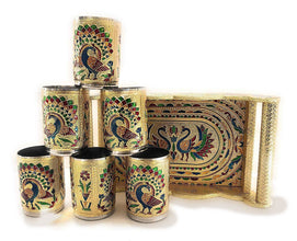 2125 Peacock Design Glass With Handle And Handicraft Serving Tray Set