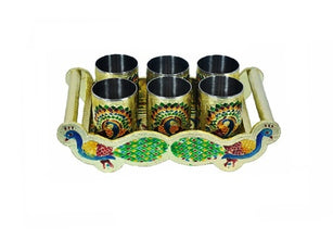 2125 Peacock Design Glass With Handle And Handicraft Serving Tray Set
