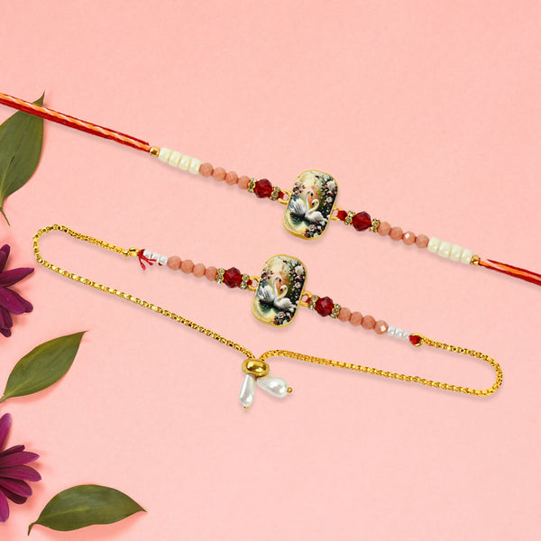 Elegant Swan Design Bhaiya Bhabhi Rakhi Set  Premium Printed Tile Rakhi With Crystal Beads  Adjustable Bracelet