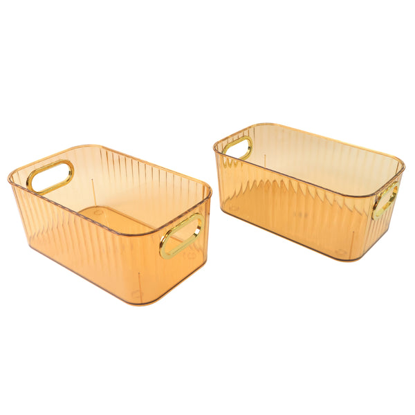 Premium Ribbed Transparent Storage Basket With Gold Handle  Multipurpose Kitchen Amp Home Organizer Box (25x14cm  2 Pc)